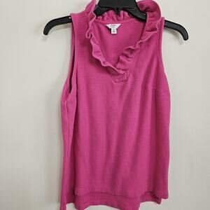 Crown & Ivy Pretty Ruffled V-Neck Raspberry Pink Ribbed Knit Sleeveless Top XS